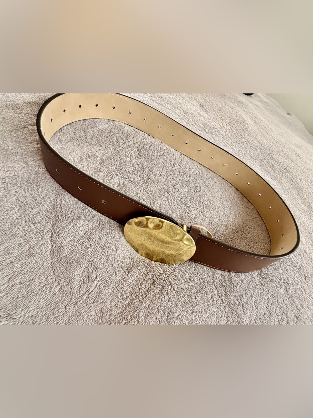 Zara Brown Leather Belt with Hammered Gold Oval Buckle XS-S